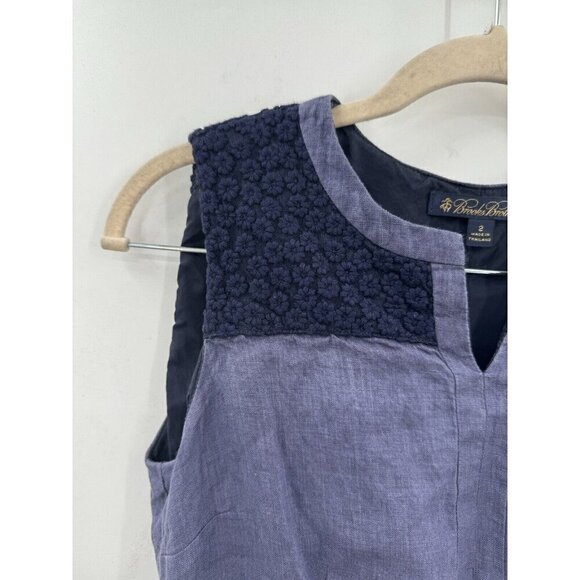 Brooks Brothers Dress Women 2 Purple 100% Linen Floral Embroidered Neck Business - Picture 7 of 8